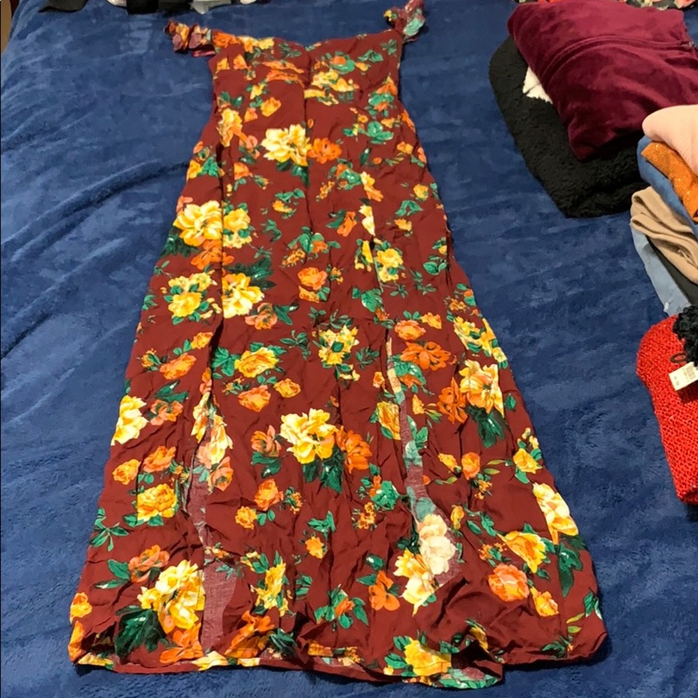 Burgundy Floral Off-the-shoulder Maxi Dress